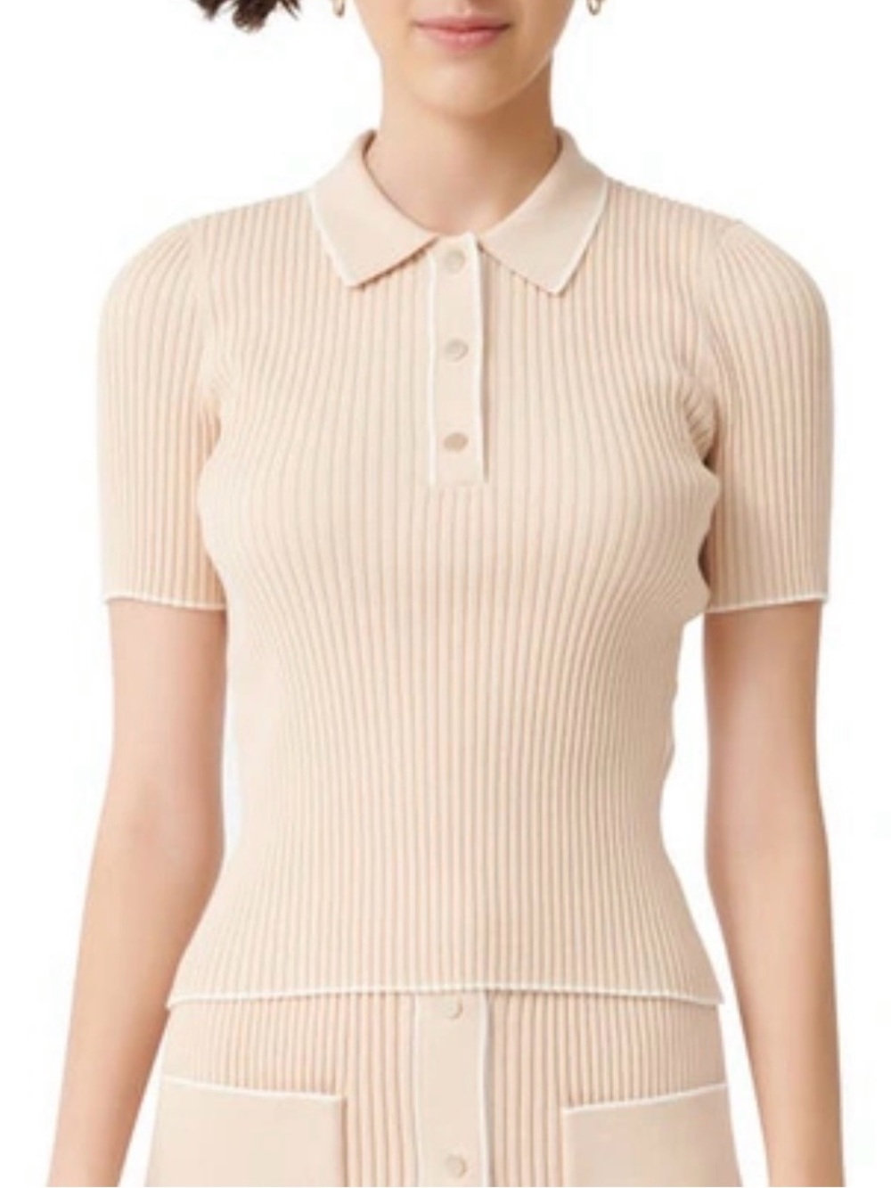 Maje Marina Ribbed Polo Knit Top in Light Beige